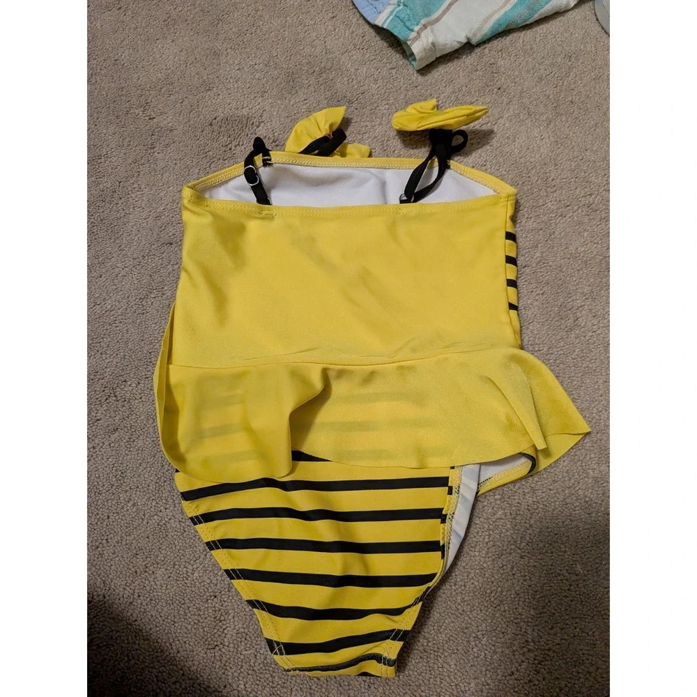Yellow Bumble Bee One Piece Swimsuit Straps Striped Bathing Suit sz 6